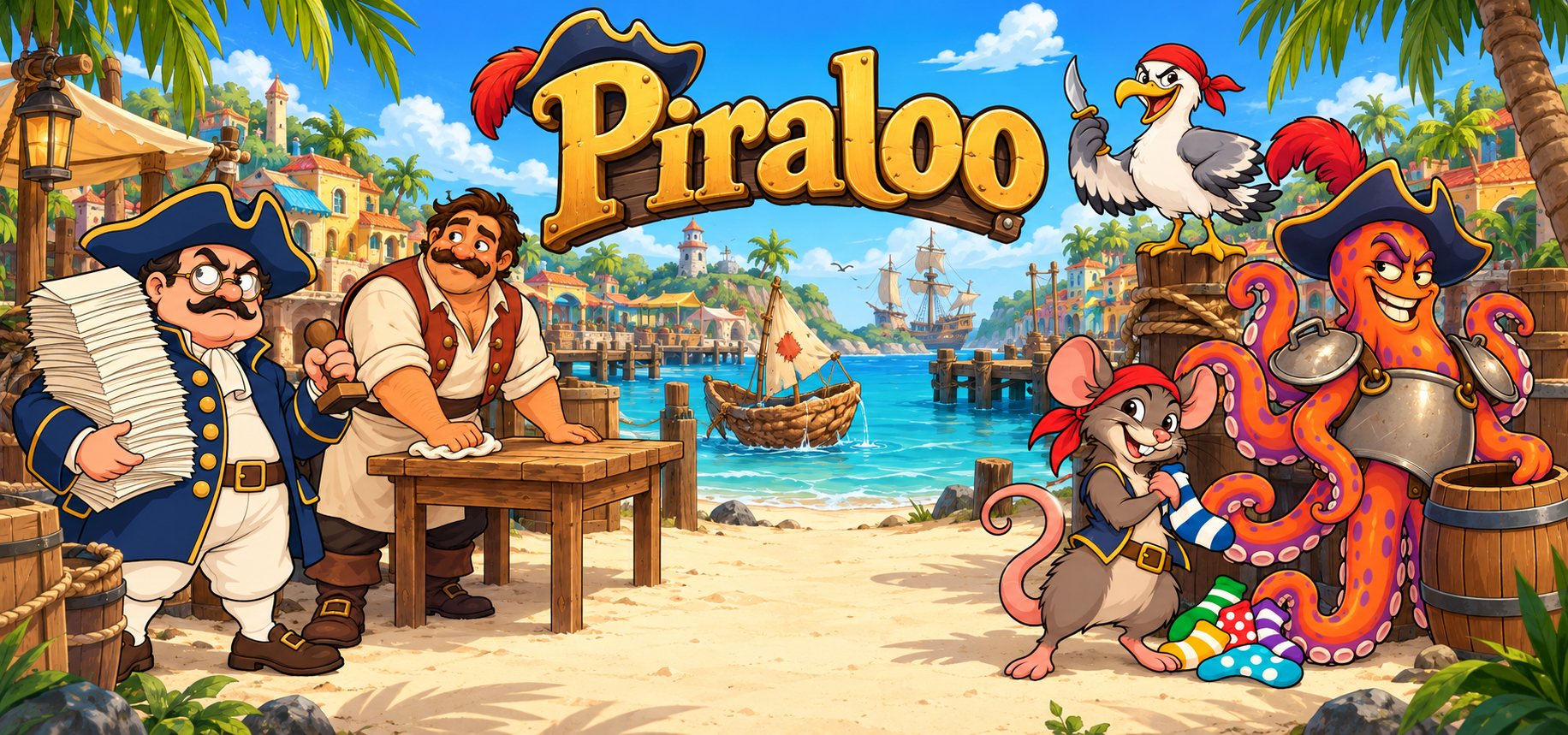 Piraloo – Ronny die Sockenratte, Kapitän Kalamari, die Möwe mit Messer, der Wirt und Zollbeamter Krümel im Karibikhafen
